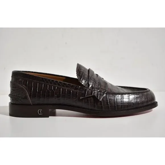 Christian Louboutin No Penny Flat Brown Expresso Croc Leather Dress Loafer 41 8